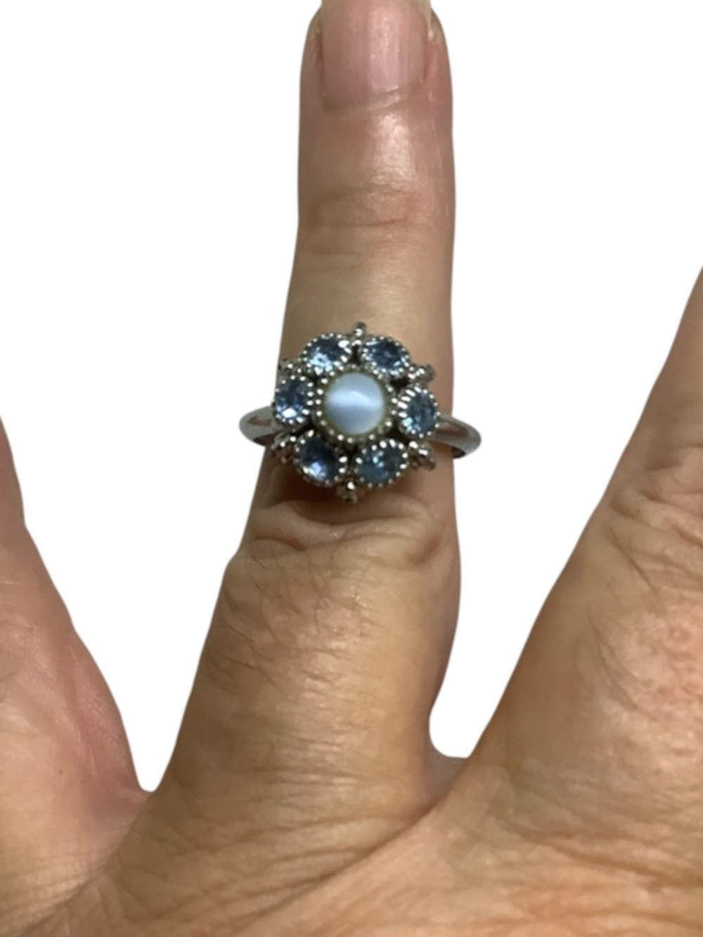 AVON silver tone Flower Cluster Ring with Pearl and Light Blue Stones